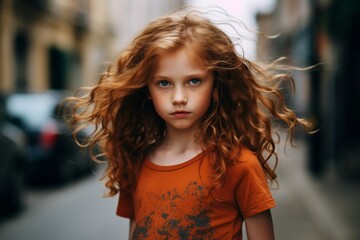 Portrait of a cute little girl with long curly hair in the city.
