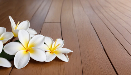 Fototapeta na wymiar Rustic Wooden Table adorned with Beautiful White Frangipani Blossoms