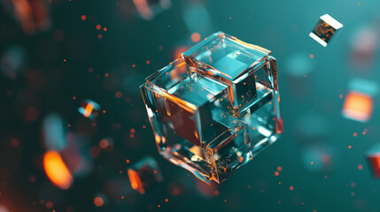 Title: Abstract 3d rendering of flying robot cubes, Sci-fi shape in space. Futuristic background - obrazy, fototapety, plakaty