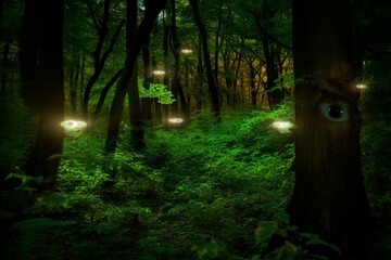 Glowing forest with eyes under trees. Generative AI