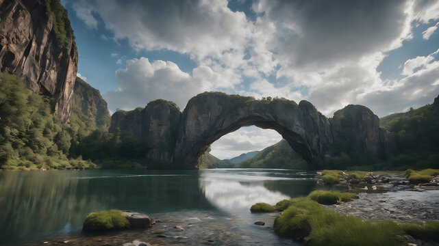 Old Bridge Over the River Amidst Stunning Nature Landscape