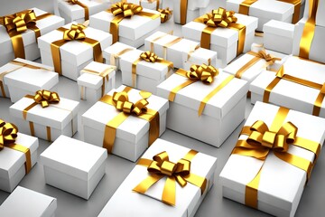 3d white  gift boxes with golden ribbon