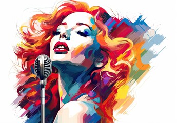 A girl soloist with a microphone sings. Portrait of female vocalist in painted style. Digital art illustration for cover, card, postcard, interior design, banner, poster, brochure or presentation.