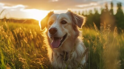 dog looking around in the grass field with sunset light.