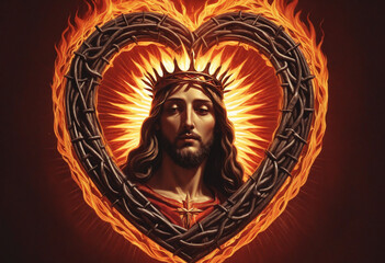 Obraz premium Burning Heart with Crown of thorns