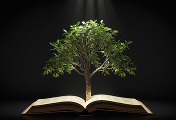 Illuminated tree emerging from book on dark background.