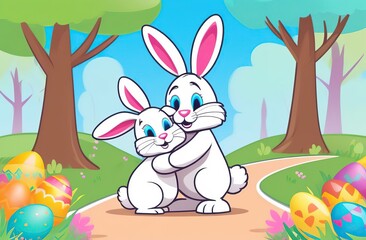Fototapeta premium an Easter bunny hugs another Easter bunny on a path in a park, next to a wicker basket with colored eggs, trees in the background