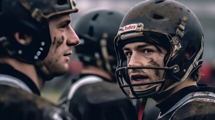 football players raising their hands up holding the ball on a black background.