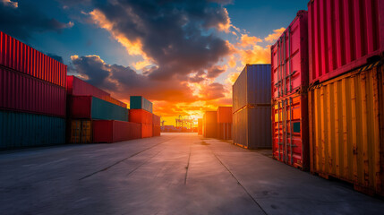 Fototapeta premium Container cargo freight ship against urban skyline with blue sky and clouds, industrial buildings, and steel structures