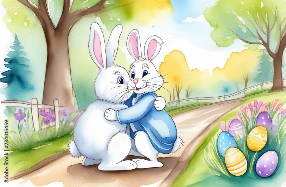 Wall mural an Easter bunny hugs another Easter bunny on a path in a park, next to a wicker basket with colored eggs, trees in the background