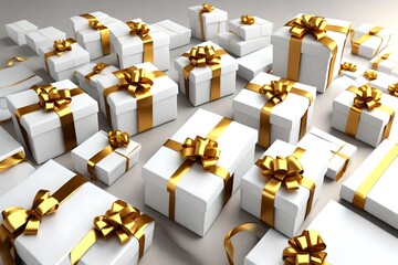 3d white  gift boxes with golden ribbon
