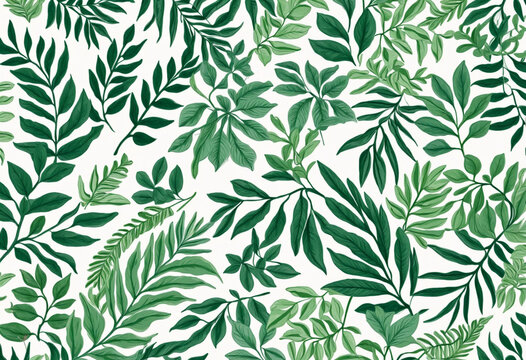 Green plant leaves pattern background, Pencil hand drawn natural illustration, Simple, minimal, clean design