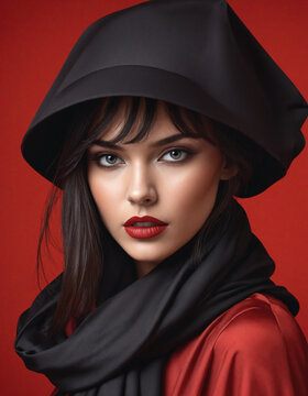 recommend clip art: Stylish woman wearing scarf against red backdrop, illustrated portrait