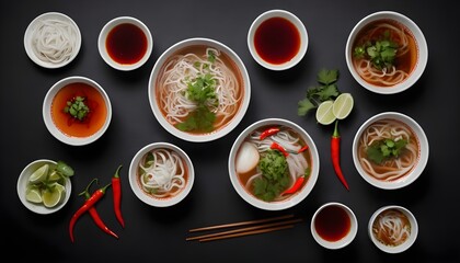 Flat lay, pho broth, asian soup dishes on a black background with a plate of hot red pepper sauce