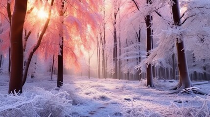 Colorful forest with rime and snow in winter in Poland. Wildlife in winter Poland, Europe.