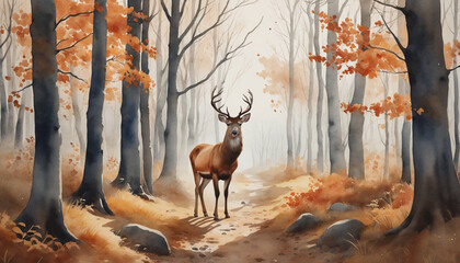 Autumn Forest Watercolor Mural Featuring a Deer