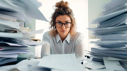woman working at office with stacks of documents and looking serious  at camera, workaholics get overwhelmed with piles of paperwork, crowded desk with piles of papers,