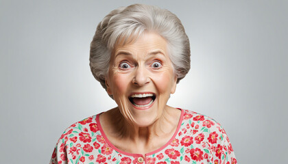 Joyful elderly woman delighted by discount or promotion, isolated PNG cutout on transparent background