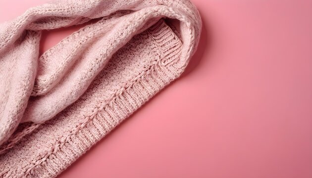 White scarf on a pink background. Winter clothes, comfort, knitted cloth and cozy concept