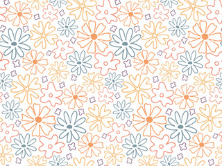 Colorful Seamless Pattern of Simple blossom Flowers. Bright Doodle Outlune Spring Summer Flower. Abstract blooming plant background. Wallpaper, cover, fabric print design