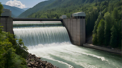 The steady flow of water from a hydroelectric dam blends with the tranquil beauty of forested mountains, symbolizing sustainable energy practices