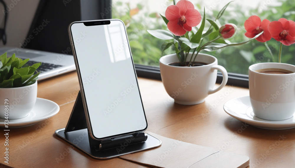 Poster smartphone mockup with empty screen, next to flower and coffee on table in cozy setting