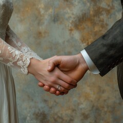 Couple joining hands in front of grey background