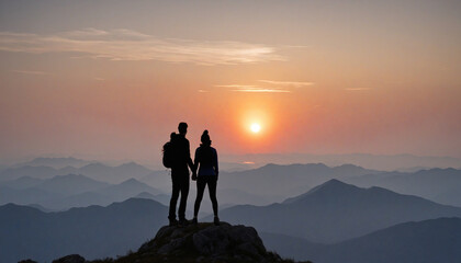 Obraz premium Romantic Couple Embracing at Sunset Summit