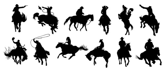Cowboy riding horse black silhouettes set. Cowboy galloping with lasso, shooting from gun - Western traditional elements collection. Monochrome vector illustrations isolated on white background. - obrazy, fototapety, plakaty