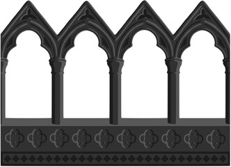 Gothic decorated arcade stylized drawing. Stone ornamented triforium illustration. Medieval  balustrade; vector