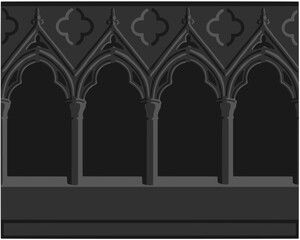 Gothic decorated arcade stylized drawing. Stone ornamented triforium illustration.
