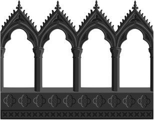 Gothic decorated arcade stylized drawing. Stone ornamented triforium illustration.