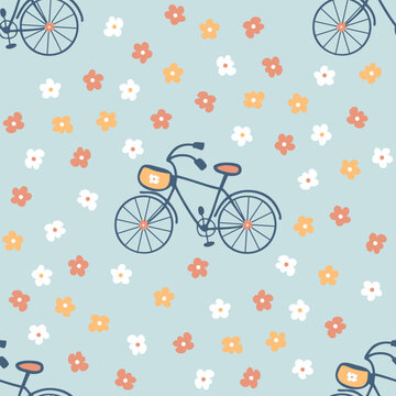 Biking bliss seamless pattern with simple daizy flowers. Summer aesthetic print for fabric, paper, textile. Hand drawn vector illustration.