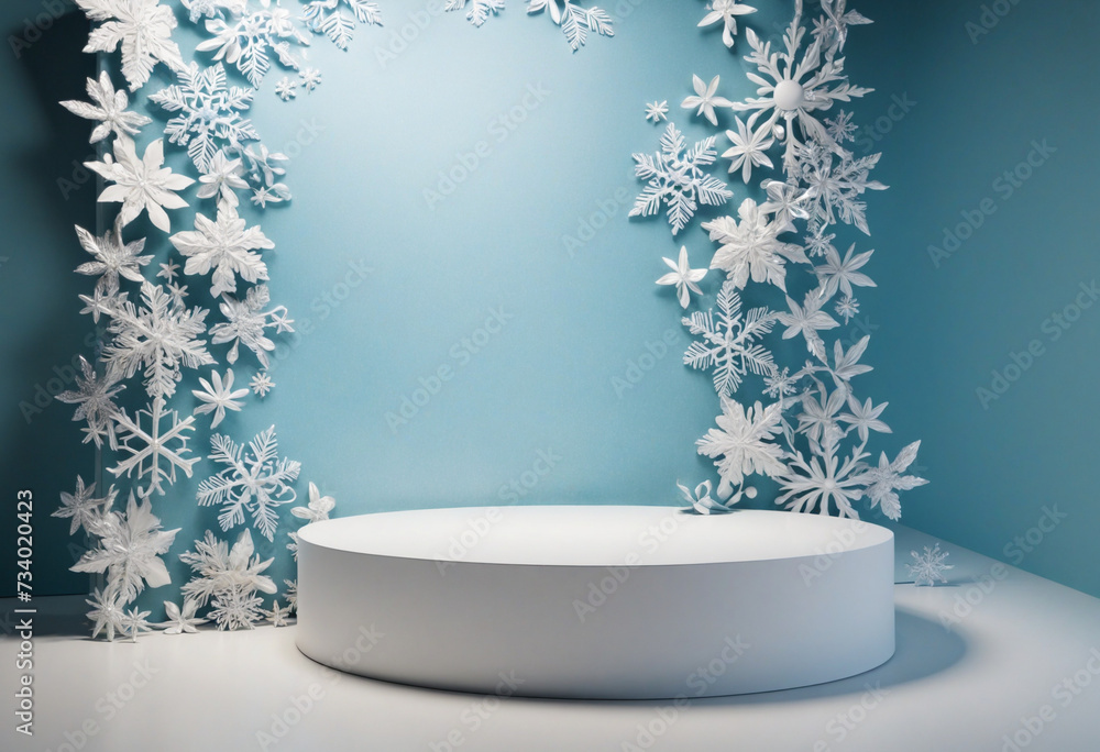 Poster snowflake adorned empty podium for product display