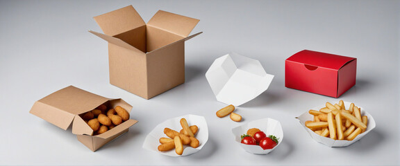 Empty cardboard boxes for nuggets, fries, or wedges, ready for use.