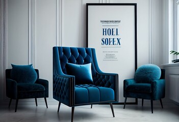 Poster mockup with vertical frames on empty white wall in living room interior with blue velvet armchair. Generative AI
