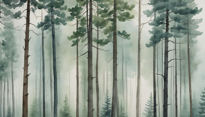 Hand-Crafted Watercolor Pine Forest in Hazy Morning
