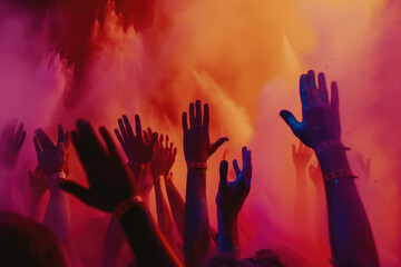 Crowd celebrating with vibrant color powder at festival Holi, summer party or music festival