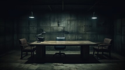 Director's office with large wooden table., gritty interrogation room with single bright light overhead