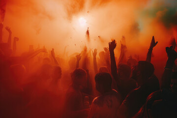 Fototapeta na wymiar Crowd celebrating with vibrant color powder at festival Holi, summer party or music festival