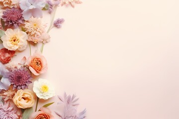 top view of flowers on pastel background with copy space for text