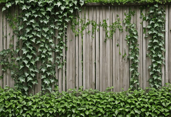Vintage wooden fence covered in lush ivy leaves, isolated PNG cutout on transparent background