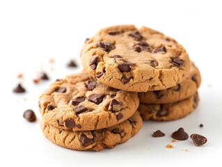 Cookies with chocolate chips are isolated on a white background in a minimalist style.