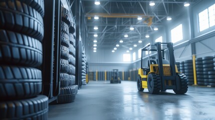 Tire Warehouse car tires with forklifts and a stack of car tires.
