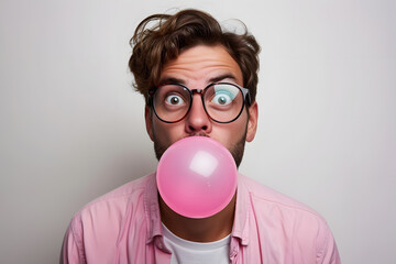 Close up portrait of Handsome man chewing pink bubble gum