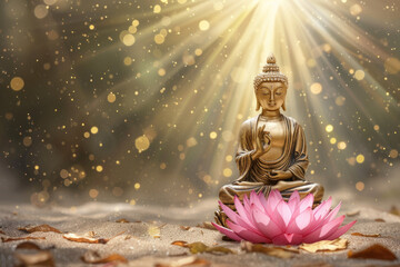 Glowing golden buddha decorated with pink paper cut lotus flower - obrazy, fototapety, plakaty