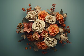 A visually stunning top view of a bouquet of roses with diverse colors on a muted teal background, designed for creative text incorporation.