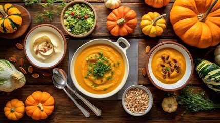 Delicious autumn meal table scene. Above view on a white wood background. Stuffed pumpkins and squash