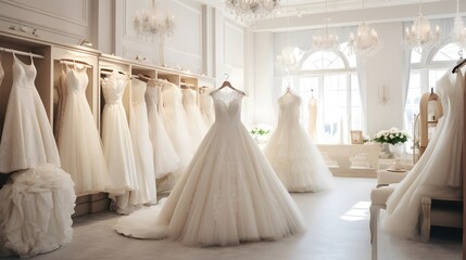 Fototapeta na wymiar A collection of stunning wedding dresses showcases diverse styles and intricate designs in a well-lit bridal boutique