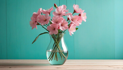Pink flowers in a vase on wooden surface with shadows, against turquoise background, spring still life theme, with room for text